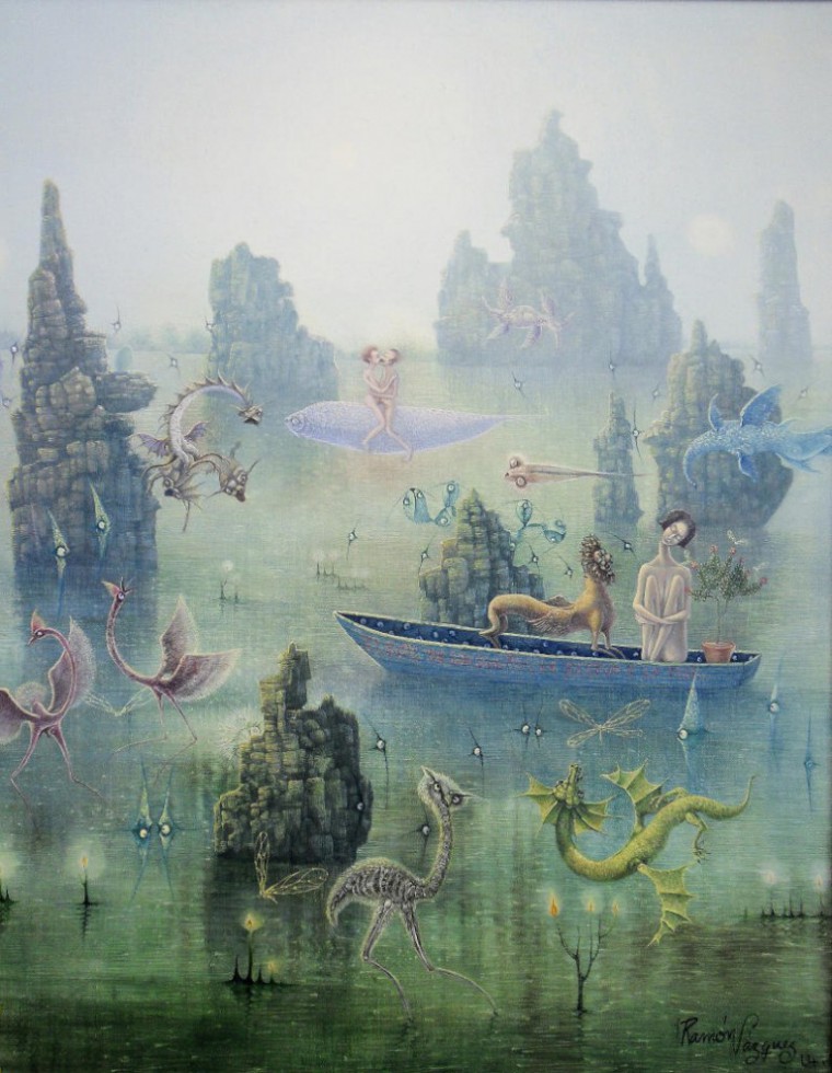 De la serie El bote de los sueños. El bote de los sueños, la bestia y la flor, 2014. Óleo sobre tela. 65 x 50cm