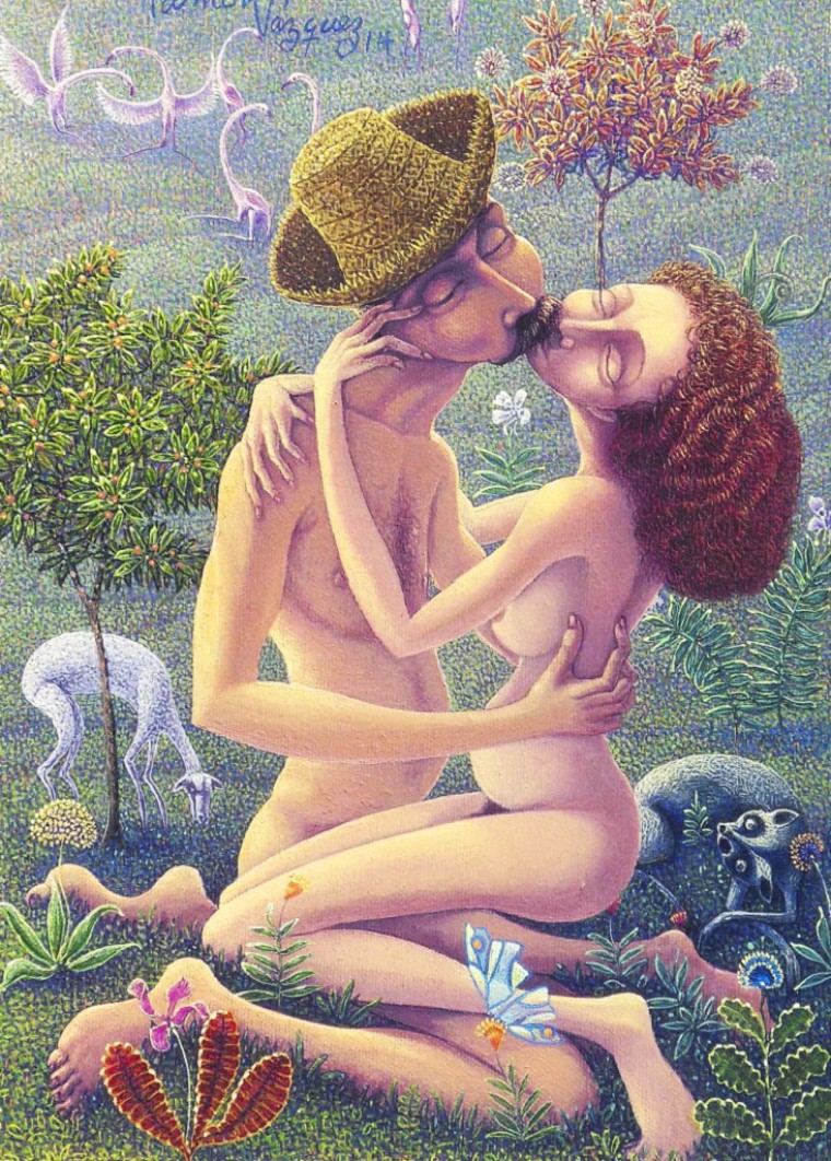 De la serie Parejas en el Jardín. El beso, 2014. Óleo sobre tela. 35 x 25cm