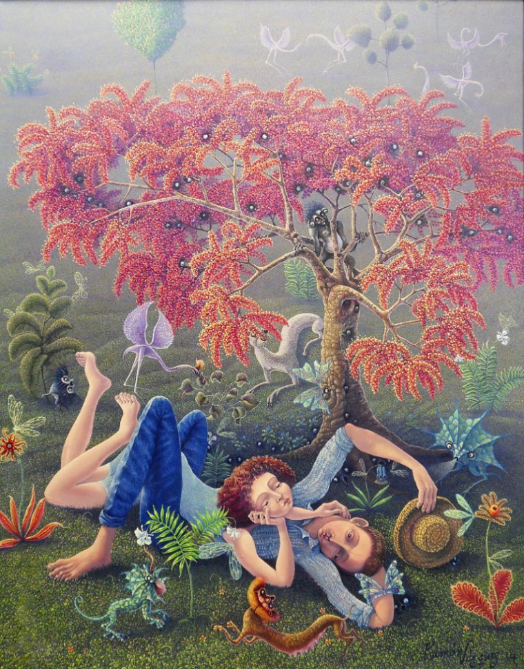 De la serie Parejas en el Jardín. Romance bajo el flamboyan, 2019. Óleo sobre tela. 100 x 80cm