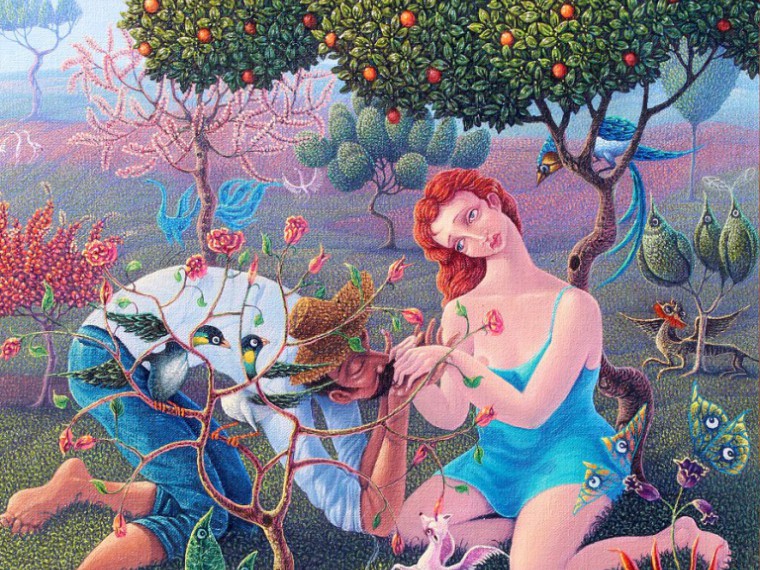 De la serie Parejas en el Jardín. Ramón and Juliet, 2019. Óleo sobre tela. 40 x 35cm